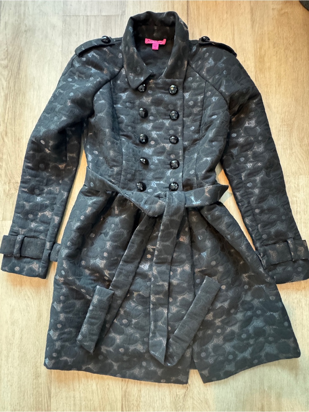 Betsey Johnson Floral Peplum Black Double-Breasted Trench Coat